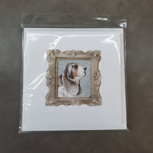 Load image into Gallery viewer, Basset Hound Tricolor Side View 2 Square Greeting Cards -  Blank Note Cards – 8-Pack of Artist-Designed Cards with Envelopes