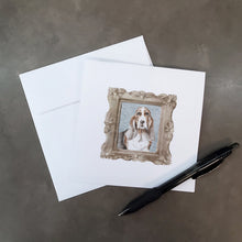Load image into Gallery viewer, Basset Hound Tricolor Front View 2 Square Greeting Cards -  Blank Note Cards – 8-Pack of Artist-Designed Cards with Envelopes