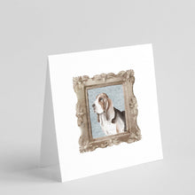 Load image into Gallery viewer, Basset Hound Tricolor Side View 3 Square Greeting Cards -  Blank Note Cards – 8-Pack of Artist-Designed Cards with Envelopes