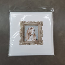 Load image into Gallery viewer, Basset Hound Tricolor Front View 4 Square Greeting Cards -  Blank Note Cards – 8-Pack of Artist-Designed Cards with Envelopes