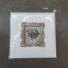 Load image into Gallery viewer, Pug Black Front View 2 Square Greeting Cards -  Blank Note Cards – 8-Pack of Artist-Designed Cards with Envelopes