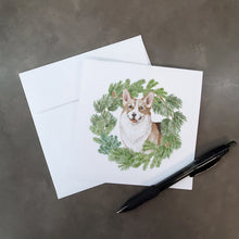 Load image into Gallery viewer, Corgi Tricolor Smiling with Christmas Wreath Square Greeting Cards -  Blank Note Cards – 8-Pack of Artist-Designed Cards with Envelopes