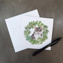Load image into Gallery viewer, Corgi Tricolor Puppy with Christmas Wreath Square Greeting Cards -  Blank Note Cards – 8-Pack of Artist-Designed Cards with Envelopes