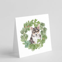 Load image into Gallery viewer, Corgi Tricolor Puppy with Christmas Wreath Square Greeting Cards -  Blank Note Cards – 8-Pack of Artist-Designed Cards with Envelopes
