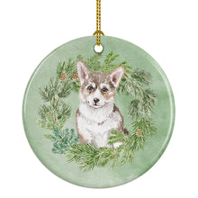 Load image into Gallery viewer, Corgi Puppy Sable Christmas Wreath Ceramic Ornament