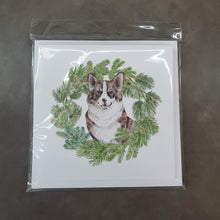 Load image into Gallery viewer, Corgi Brindle with Christmas Wreath Square Greeting Cards -  Blank Note Cards – 8-Pack of Artist-Designed Cards with Envelopes