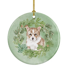 Load image into Gallery viewer, Corgi Puppy Red Christmas Wreath Ceramic Ornament