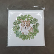 Load image into Gallery viewer, Corgi Puppy Red with Christmas Wreath Square Greeting Cards -  Blank Note Cards – 8-Pack of Artist-Designed Cards with Envelopes