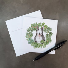 Load image into Gallery viewer, Bull Terrier Black and White with Christmas Wreath Square Greeting Cards -  Blank Note Cards – 8-Pack of Artist-Designed Cards with Envelopes