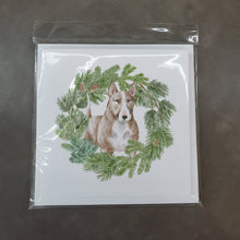 Load image into Gallery viewer, Bull Terrier Red and White with Christmas Wreath Square Greeting Cards -  Blank Note Cards – 8-Pack of Artist-Designed Cards with Envelopes