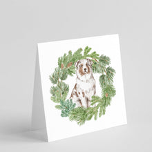 Load image into Gallery viewer, Australian Shepherd Red Merle with Christmas Wreath Square Greeting Cards -  Blank Note Cards – 8-Pack of Artist-Designed Cards with Envelopes