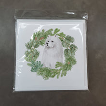 Load image into Gallery viewer, Samoyed Sitting with Christmas Wreath Square Greeting Cards -  Blank Note Cards – 8-Pack of Artist-Designed Cards with Envelopes