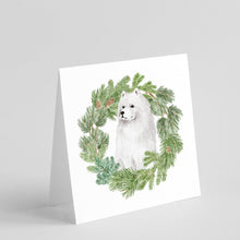 Load image into Gallery viewer, Samoyed Sitting with Christmas Wreath Square Greeting Cards -  Blank Note Cards – 8-Pack of Artist-Designed Cards with Envelopes