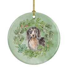 Load image into Gallery viewer, Dachshund Black and Tan Longhaired  Christmas Wreath Ceramic Ornament