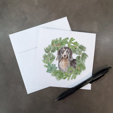 Load image into Gallery viewer, Dachshund Black and Tan Longhaired with Christmas Wreath Square Greeting Cards -  Blank Note Cards – 8-Pack of Artist-Designed Cards with Envelopes
