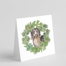 Load image into Gallery viewer, Dachshund Black and Tan Longhaired with Christmas Wreath Square Greeting Cards -  Blank Note Cards – 8-Pack of Artist-Designed Cards with Envelopes