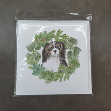 Load image into Gallery viewer, Cavalier King Charles Spaniel Tricolor Head Tilt with Christmas Wreath Square Greeting Cards -  Blank Note Cards – 8-Pack of Artist-Designed Cards with Envelopes
