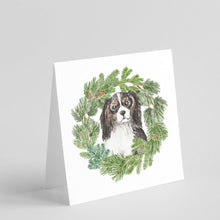 Load image into Gallery viewer, Cavalier King Charles Spaniel Tricolor Head Tilt with Christmas Wreath Square Greeting Cards -  Blank Note Cards – 8-Pack of Artist-Designed Cards with Envelopes