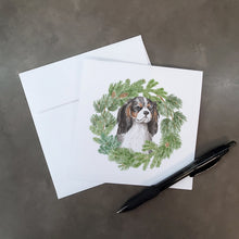 Load image into Gallery viewer, Cavalier King Charles Spaniel Tricolor with Christmas Wreath Square Greeting Cards -  Blank Note Cards – 8-Pack of Artist-Designed Cards with Envelopes