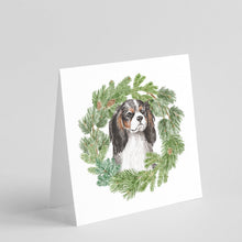 Load image into Gallery viewer, Cavalier King Charles Spaniel Tricolor with Christmas Wreath Square Greeting Cards -  Blank Note Cards – 8-Pack of Artist-Designed Cards with Envelopes