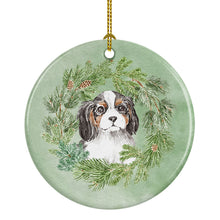Load image into Gallery viewer, Cavalier Spaniel Puppy Tricolor Christmas Wreath Ceramic Ornament