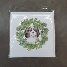 Load image into Gallery viewer, Cavalier King Charles Spaniel Puppy Tricolor with Christmas Wreath Square Greeting Cards -  Blank Note Cards – 8-Pack of Artist-Designed Cards with Envelopes