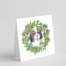 Load image into Gallery viewer, Cavalier King Charles Spaniel Puppy Tricolor with Christmas Wreath Square Greeting Cards -  Blank Note Cards – 8-Pack of Artist-Designed Cards with Envelopes