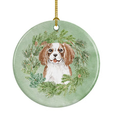 Load image into Gallery viewer, Cavalier Spaniel Blenheim Puppy Smiling Christmas Wreath Ceramic Ornament