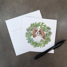 Load image into Gallery viewer, Cavalier King Charles Spaniel Blenheim with Christmas Wreath Square Greeting Cards -  Blank Note Cards – 8-Pack of Artist-Designed Cards with Envelopes