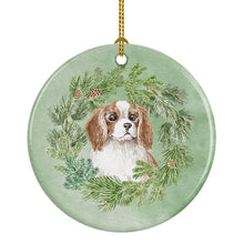Load image into Gallery viewer, Cavalier Spaniel Blenheim Puppy Wide Eyed Christmas Wreath Ceramic Ornament