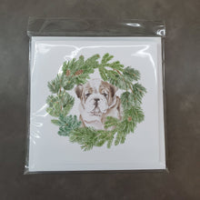 Load image into Gallery viewer, Bulldog Puppy Fawn Brindle with Christmas Wreath Square Greeting Cards -  Blank Note Cards – 8-Pack of Artist-Designed Cards with Envelopes