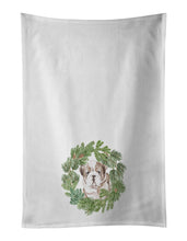 Load image into Gallery viewer, Bulldog Puppy Fawn Brindle Christmas Wreath White Kitchen Towel Set of 2