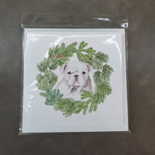 Load image into Gallery viewer, Bulldog Puppy White with Christmas Wreath Square Greeting Cards -  Blank Note Cards – 8-Pack of Artist-Designed Cards with Envelopes