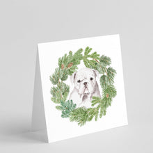 Load image into Gallery viewer, Bulldog Puppy White with Christmas Wreath Square Greeting Cards -  Blank Note Cards – 8-Pack of Artist-Designed Cards with Envelopes