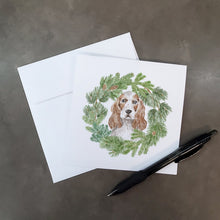 Load image into Gallery viewer, Cocker Spaniel Red and White with Christmas Wreath Square Greeting Cards -  Blank Note Cards – 8-Pack of Artist-Designed Cards with Envelopes