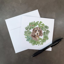 Load image into Gallery viewer, Cocker Spaniel Liver and Tan with Christmas Wreath Square Greeting Cards -  Blank Note Cards – 8-Pack of Artist-Designed Cards with Envelopes
