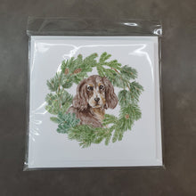 Load image into Gallery viewer, Cocker Spaniel Liver and Tan with Christmas Wreath Square Greeting Cards -  Blank Note Cards – 8-Pack of Artist-Designed Cards with Envelopes