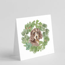Load image into Gallery viewer, Cocker Spaniel Liver and Tan with Christmas Wreath Square Greeting Cards -  Blank Note Cards – 8-Pack of Artist-Designed Cards with Envelopes
