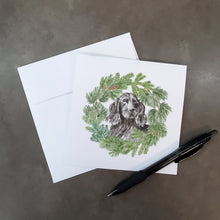 Load image into Gallery viewer, Cocker Spaniel Black with Christmas Wreath Square Greeting Cards -  Blank Note Cards – 8-Pack of Artist-Designed Cards with Envelopes