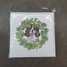 Load image into Gallery viewer, Cocker Spaniel Black and White Ticked with Christmas Wreath Square Greeting Cards -  Blank Note Cards – 8-Pack of Artist-Designed Cards with Envelopes
