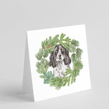 Load image into Gallery viewer, Cocker Spaniel Black and White Ticked with Christmas Wreath Square Greeting Cards -  Blank Note Cards – 8-Pack of Artist-Designed Cards with Envelopes