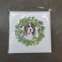 Load image into Gallery viewer, Basset Hound Puppy Tricolor with Christmas Wreath Square Greeting Cards -  Blank Note Cards – 8-Pack of Artist-Designed Cards with Envelopes