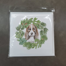 Load image into Gallery viewer, Basset Hound Puppy Brown White and Black with Christmas Wreath Square Greeting Cards -  Blank Note Cards – 8-Pack of Artist-Designed Cards with Envelopes