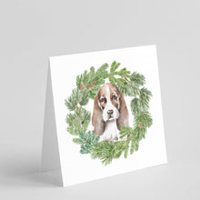 Load image into Gallery viewer, Basset Hound Puppy Brown White and Black with Christmas Wreath Square Greeting Cards -  Blank Note Cards – 8-Pack of Artist-Designed Cards with Envelopes