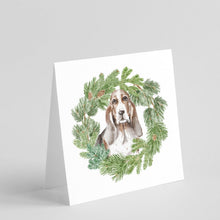 Load image into Gallery viewer, Basset Hound Tricolor with Christmas Wreath Square Greeting Cards -  Blank Note Cards – 8-Pack of Artist-Designed Cards with Envelopes
