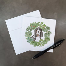 Load image into Gallery viewer, Basset Hound Black White and Brown with Christmas Wreath Square Greeting Cards -  Blank Note Cards – 8-Pack of Artist-Designed Cards with Envelopes