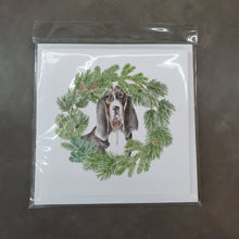 Load image into Gallery viewer, Basset Hound Black White and Brown with Christmas Wreath Square Greeting Cards -  Blank Note Cards – 8-Pack of Artist-Designed Cards with Envelopes