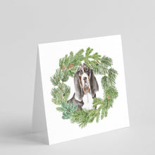 Load image into Gallery viewer, Basset Hound Black White and Brown with Christmas Wreath Square Greeting Cards -  Blank Note Cards – 8-Pack of Artist-Designed Cards with Envelopes