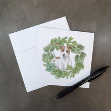 Load image into Gallery viewer, Jack Russell Terrier Chestnut and White with Christmas Wreath Square Greeting Cards -  Blank Note Cards – 8-Pack of Artist-Designed Cards with Envelopes