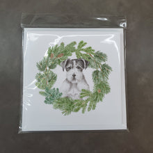 Load image into Gallery viewer, Jack Russell Terrier Black and White Wirehaired with Christmas Wreath Square Greeting Cards -  Blank Note Cards – 8-Pack of Artist-Designed Cards with Envelopes